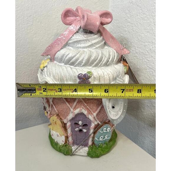 EASTER CUPCAKE Pastel Led Light-Up Gingerbread House, With Glitter and Pink Bow - Picture 6 of 6